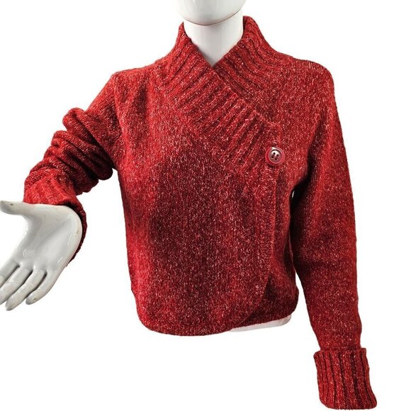 Nine West Jeans Short Cardigan Red Knit Single Button Sweater Womens L - Picture 9 of 11